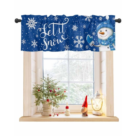 Curtain Valance for Windows Snowman Xmas Winter Snow Kitchen Valances Rod Pocket Short Curtains,White Snowflakes Blue Back Window Treatment Panel for Living Room Bathroom Bedroom 42x12in