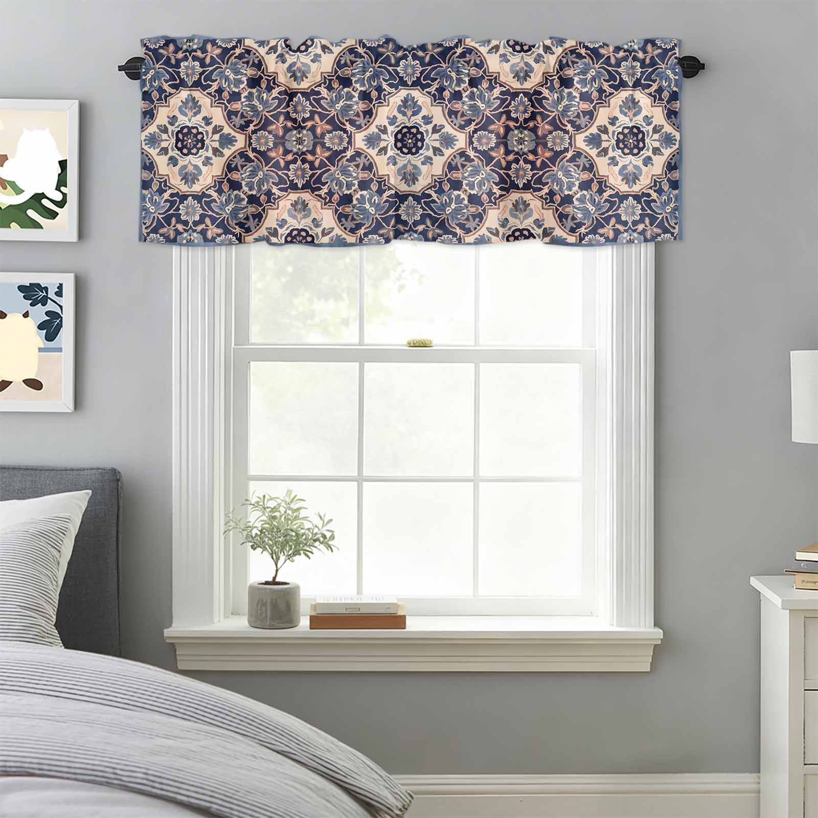 Curtain Valance for Windows, Southwest Ethnic Flower Texture Kitchen ...
