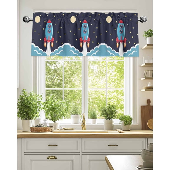 Curtain Valance for Windows,Space Rocket Moon Star Kitchen Valances Rod Pocket Short Curtains,Cartoon Style Window Treatment Panel for Bedroom Bathroom 54"x18"
