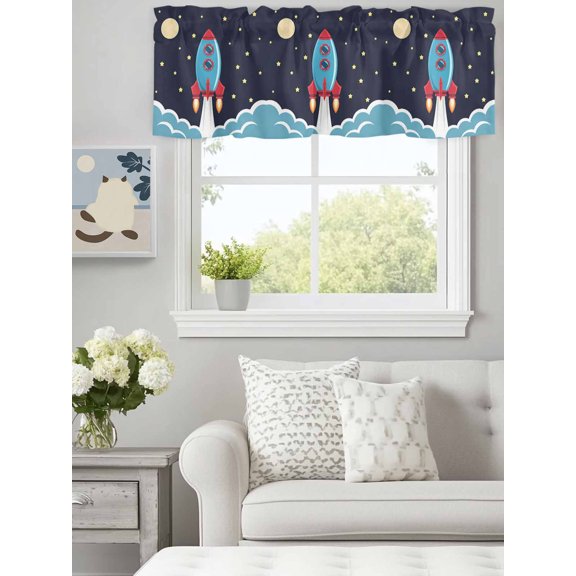Curtain Valance for Windows,Space Rocket Moon Star Kitchen Valances Rod Pocket Short Curtains,Cartoon Style Window Treatment Panel for Bedroom Bathroom 60"x18"