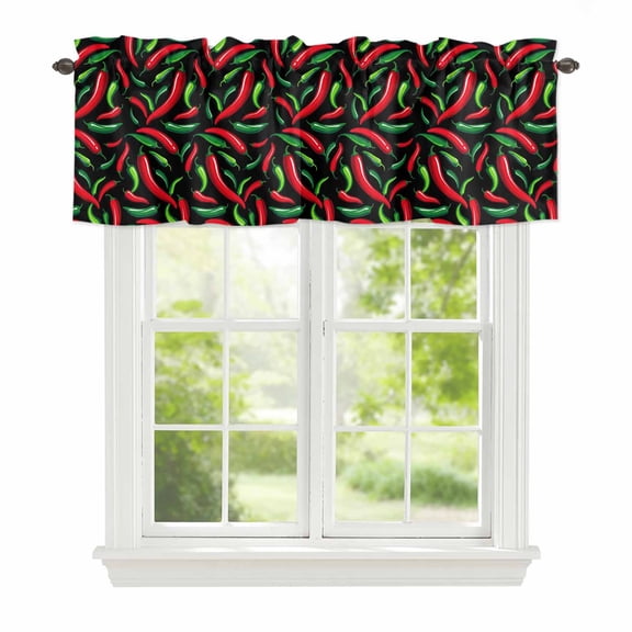 Curtain Valance for Windows, Spicy Chili Pepper Pattern Kitchen Valances Rod Pocket Short Curtains, Red Green Peppers on Black Window Valance for Bedroom Bathroom Living room 42x12in