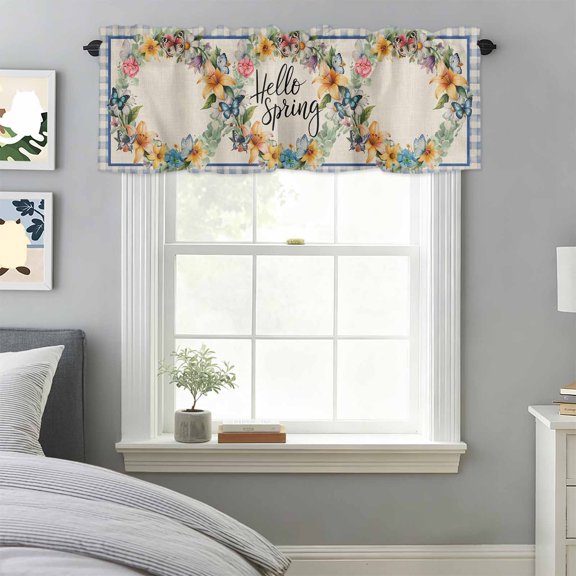 Curtain Valance for Windows, Spring Blossom Flower Butterfly Kitchen Valances Rod Pocket Short Curtains, Rustic Retro Linen Buffalo Check Window Valance for Bedroom Bathroom Living room 42x18in