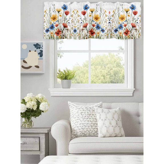 Curtain Valance for Windows,Spring Colorful Blooming Flowers Leaves Kitchen Valances Rod Pocket Short Curtains,Garden Plant Window Treatment Panel for Bedroom Bathroom 60x18in