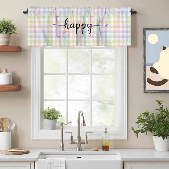Curtain Valance for Windows, Spring Colorful Checkered Kitchen Valances Rod Pocket Short Curtains, Easter Buffalo Plaid Minimalist Style Window Valance for Bedroom Bathroom Living room 54x18in