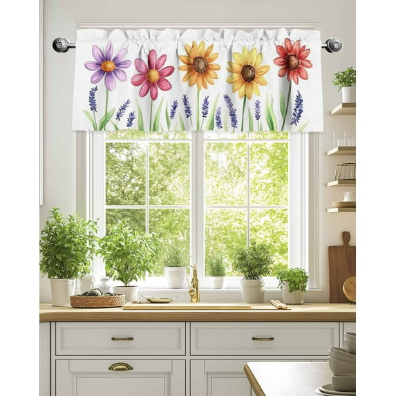 Curtain Valance for Windows,Spring Colorful Flower Lavender on White Kitchen Valances Rod Pocket Short Curtains,Green Leaves Window Treatment Panel for Bedroom Bathroom 54x18in