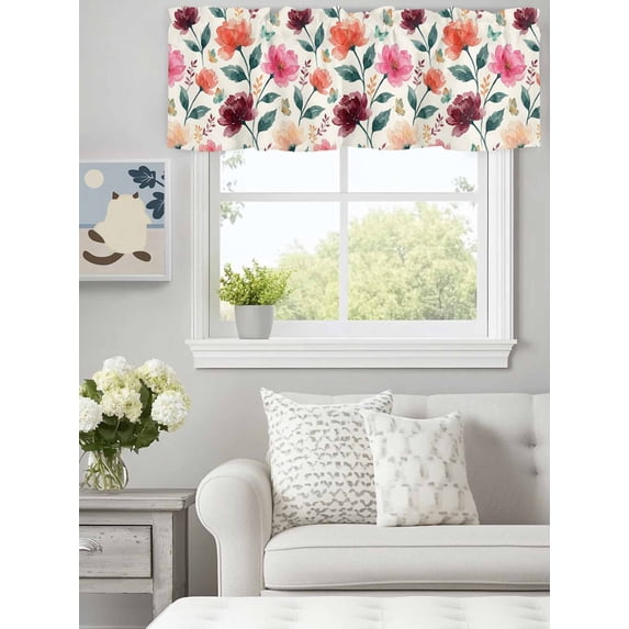 Curtain Valance for Windows, Spring Floral Watercolor Peony Kitchen Valances Rod Pocket Short Curtains, Vintage Ink Art Window Valance for Bedroom Bathroom Living room 60x18in