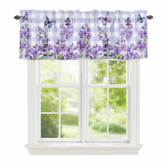 Curtain Valance for Windows, Spring Flower Butterfly Kitchen Valances Rod Pocket Short Curtains, Pastoral Floral Purple Buffalo Check Window Valance for Bedroom Bathroom Living room 42x12in