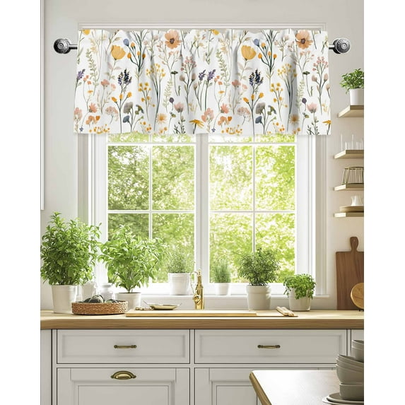 Curtain Valance for Windows,Spring Flower Colorful Wildflower Kitchen Valances Rod Pocket Short Curtains,Country Blossom Floral Seamless Window Treatment Panel for Bedroom Bathroom 42"x18"