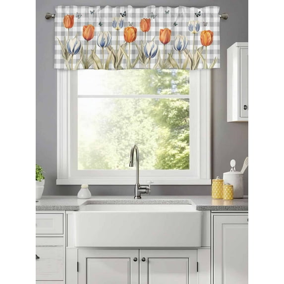 Curtain Valance for Windows,Spring Watercolor Tulips on Plaid Kitchen Valances Rod Pocket Short Curtains,Country Floral Butterfly Window Treatment Panel for Bedroom Bathroom 42x12in