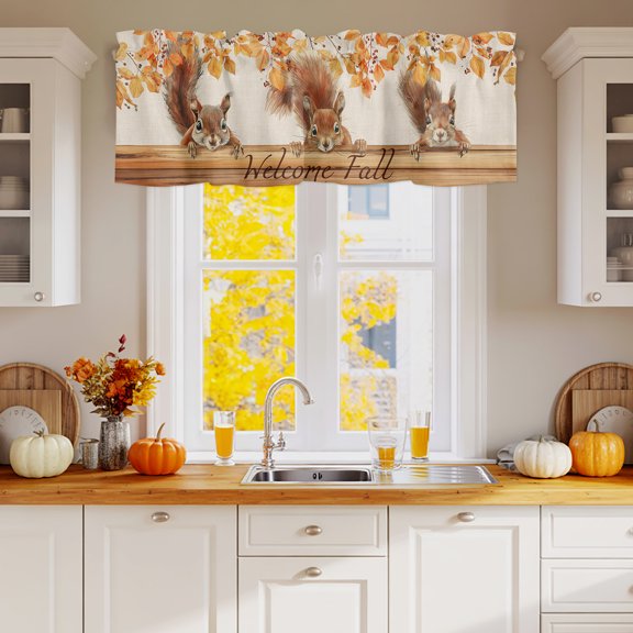 Curtain Valance for Windows, Squirrel Autumn Tree Deciduous Farm Animal Kitchen Valances Rod Pocket Short Curtains 42x12in, Vintage Wood Board Window Valance for Bedroom Bathroom Living room