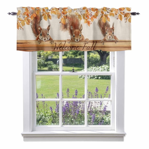 Curtain Valance for Windows, Squirrel Autumn Tree Deciduous Farm Animal Kitchen Valances Rod Pocket Short Curtains, Vintage Wood Board Window Valance for Bedroom Bathroom Living room 42x12in