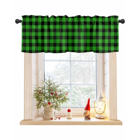 Curtain Valance for Windows St. Patrick's Day Green Gingham Check Kitchen Valances Rod Pocket Short Curtains,Farmhouse Style Simple Black Plaid Window Treatment for Living Room Bathroom 54x18in