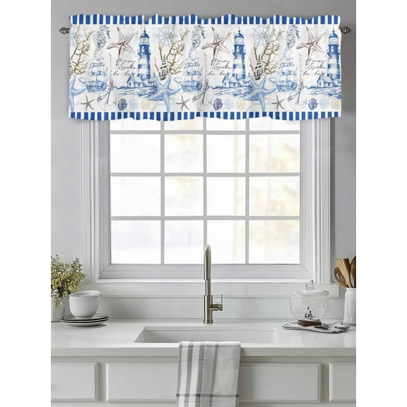 Curtain Valance for Windows,Starfish Nautical Anchor Shell Boat Kitchen Valances Rod Pocket Short Curtains,Lighthouse Vintage Blue Stripe Window Treatment Panel for Bedroom Bathroom 42"x12"