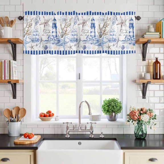 Curtain Valance for Windows Starfish Nautical Anchor Shell Boat Short Rod Pocket Kitchen Valances Blackout Curtains Lighthouse Vintage Blue Stripe Window Treatment for Living Room Bathroom,54"x18"