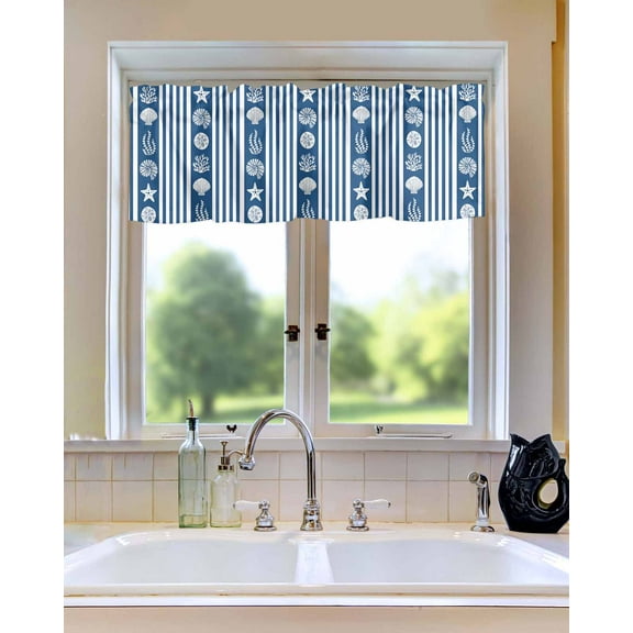 Curtain Valance for Windows Starfish Shell Coral Blue Stripes White Kitchen Valances Rod Pocket Short Curtains,Summer Ocean Nautical Window Treatment Panel for Living Room Bathroom Bedroom 54x18in