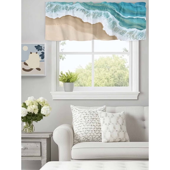 Curtain Valance for Windows,Summer Beach Blue Waves Gradient Water Ripple Kitchen Valances Rod Pocket Short Curtains,Coastal Seaside Window Treatment Panel for Bedroom Bathroom 60"x18"