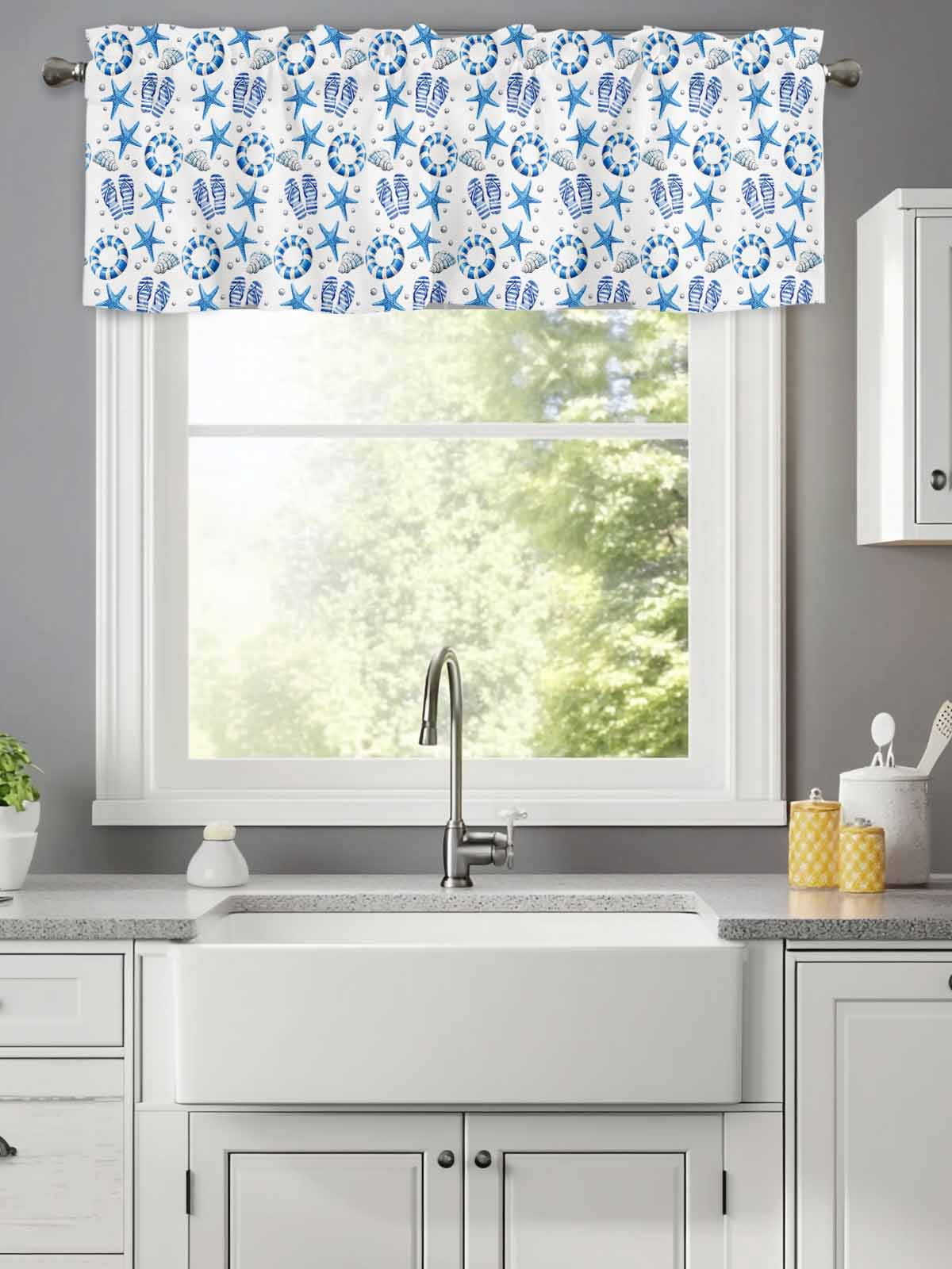 Curtain Valance for Windows,Summer Blue Starfish Swimming Ring Kitchen ...