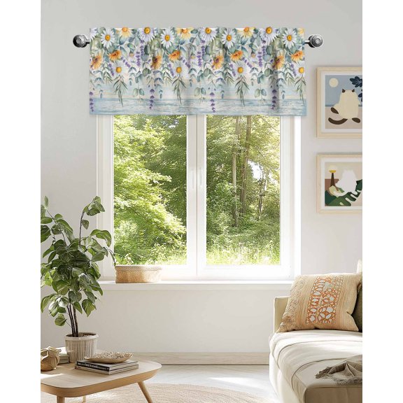 Curtain Valance for Windows,Summer Daisy Lavender Kitchen Valances Rod Pocket Short Curtains,Eucalyptus Leaves on Wood Window Treatment Panel for Bedroom Bathroom 42x18in