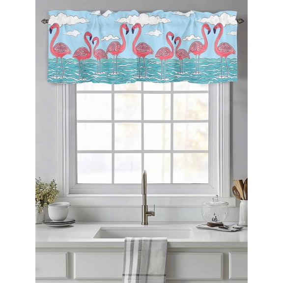 Curtain Valance for Windows,Summer Flamingo Cartoon Style Kitchen Valances Rod Pocket Short Curtains,Blue Ocean Water Ripple Window Treatment Panel for Bedroom Bathroom 42"x12"