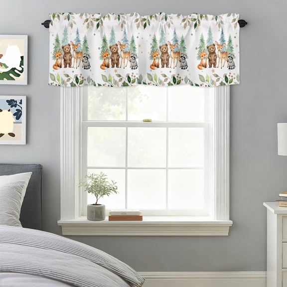 Curtain Valance for Windows, Summer Forests Bear Fox Kitchen Valances Rod Pocket Short Curtains, Star Pine Tree Leaves Window Valance for Bedroom Bathroom Living room 42x18in