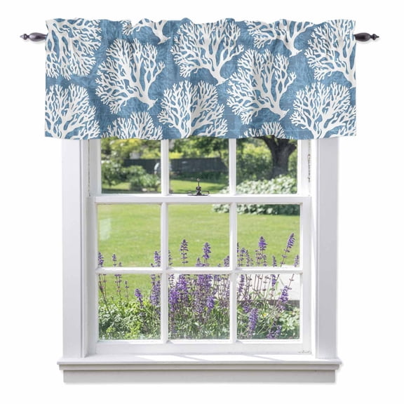 Curtain Valance for Windows, Summer Large Coral Reef Kitchen Valances Rod Pocket Short Curtains, Coastal Blue Background Window Valance for Bedroom Bathroom Living room 42x12in