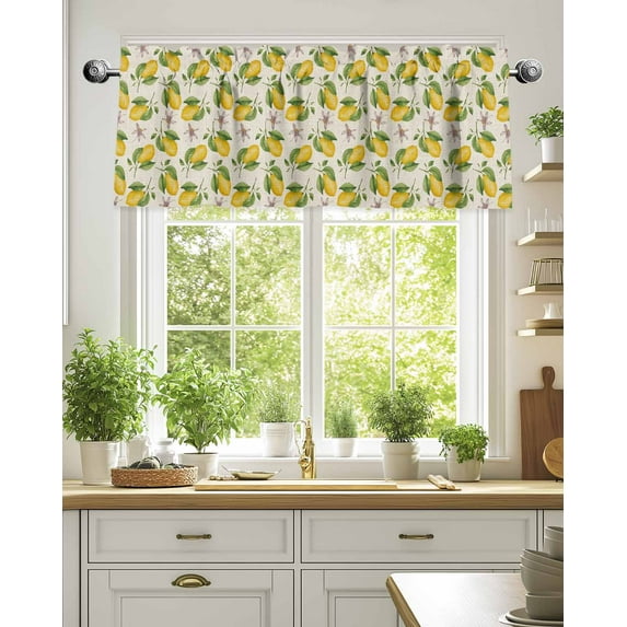 Curtain Valance for Windows,Summer Lemon Leaf Seamless Kitchen Valances Rod Pocket Short Curtains,Country Flower Retro Linen Window Treatment Panel for Bedroom Bathroom 54"x18"