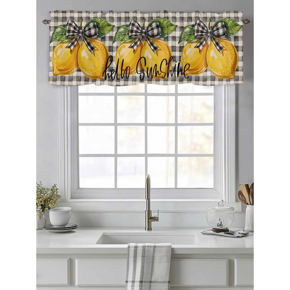 Curtain Valance for Windows,Summer Lemon Leaf Sunshine Quote Kitchen Valances Rod Pocket Short Curtains,Black Buffalo Checker Window Treatment Panel for Bedroom Bathroom 42"x12"