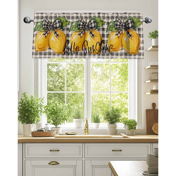 Curtain Valance for Windows,Summer Lemon Leaf Sunshine Quote Kitchen Valances Rod Pocket Short Curtains,Black Buffalo Checker Window Treatment Panel for Bedroom Bathroom 42"x18"
