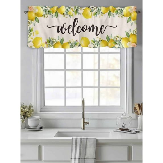 Curtain Valance for Windows,Summer Lemon Leaves Flower Kitchen Valances Rod Pocket Short Curtains,Welcome Quote Retro Linen Window Treatment Panel for Bedroom Bathroom 42"x12"