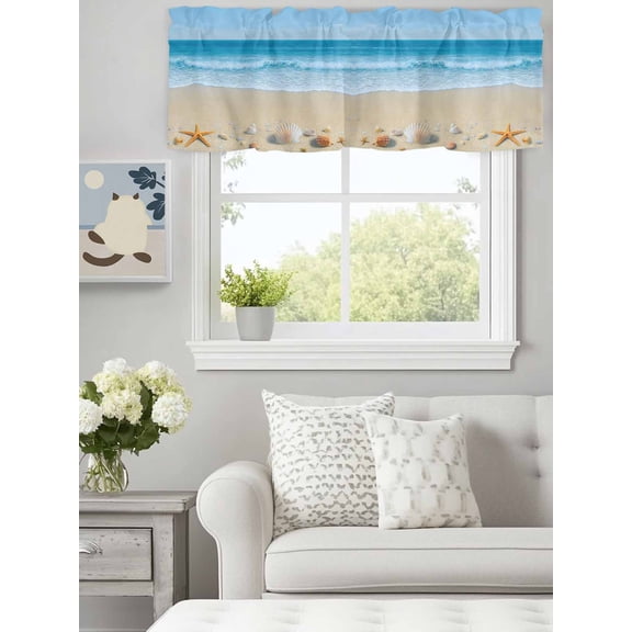 Curtain Valance for Windows, Summer Ocean Beach Starfish Kitchen Valances Rod Pocket Short Curtains, Gradient Blue Waves Window Valance for Bedroom Bathroom Living room 60x18in