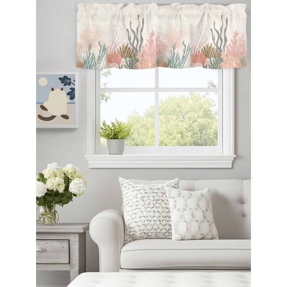 Curtain Valance for Windows,Summer Ocean Coral Pink Kitchen Valances Rod Pocket Short Curtains,Coastal Nautical Theme Window Treatment Panel for Bedroom Bathroom 60"x18"