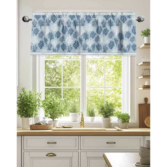 Curtain Valance for Windows,Summer Ocean Coral Seamless Kitchen Valances Rod Pocket Short Curtains,Coastal Nautical Sea Style Window Treatment Panel for Bedroom Bathroom 54"x18"