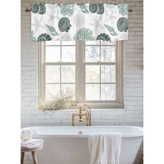 Curtain Valance for Windows, Summer Ocean Green Conch Shell Kitchen Valances Rod Pocket Short Curtains, Abstract Starfish Coral Window Valance for Bedroom Bathroom Living room 56x16in