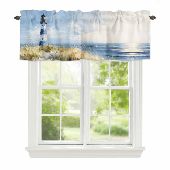 Curtain Valance for Windows, Summer Ocean Seaside Lighthouse Kitchen Valances Rod Pocket Short Curtains, Retro Oil Painting Style Window Valance for Bedroom Bathroom Living room 42x12in