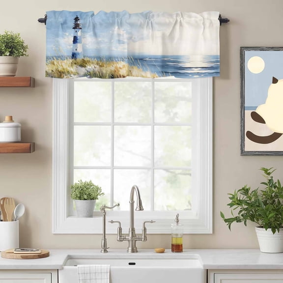 Curtain Valance for Windows, Summer Ocean Seaside Lighthouse Kitchen Valances Rod Pocket Short Curtains, Retro Oil Painting Style Window Valance for Bedroom Bathroom Living room 54x18in
