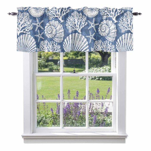 Curtain Valance for Windows, Summer Ocean Starfish Coral Kitchen Valances Rod Pocket Short Curtains, Blue Conch Seashell Window Valance for Bedroom Bathroom Living room 42x12in