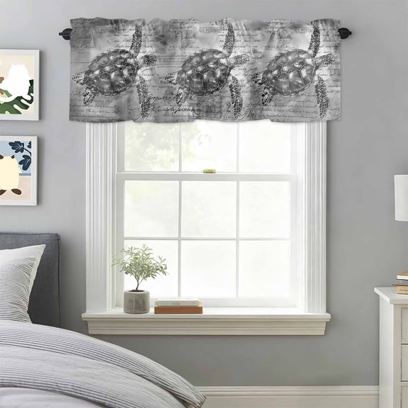 Curtain Valance for Windows, Summer Retro Ocean Grey Turtle Kitchen Valances Rod Pocket Short Curtains, Sea Animal Window Valance for Bedroom Bathroom Living room 42x18in