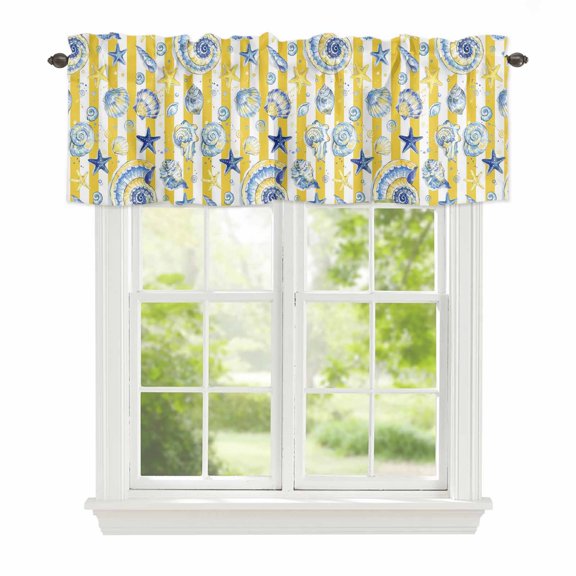 Curtain Valance for Windows, Summer Sea Conch Starfish Kitchen Valances Rod Pocket Short Curtains, Yellow White Striped Background Window Valance for Bedroom Bathroom Living room 42x12in