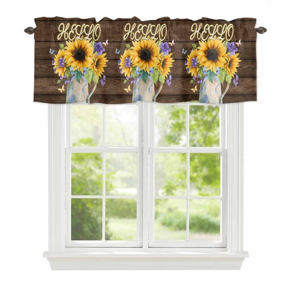 Curtain Valance for Windows, Summer Sunflower Brown Palnk Kitchen Valances Rod Pocket Short Curtains, Farm Floral Butterfly Window Valance for Bedroom Bathroom Living room 42x12in