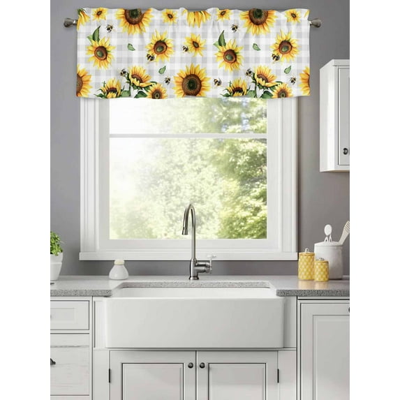 Curtain Valance for Windows,Summer Sunflower on Gery Plaid Kitchen Valances Rod Pocket Short Curtains,Vintage Buffalo Check Window Treatment Panel for Bedroom Bathroom 42x12in