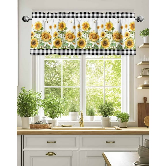 Curtain Valance for Windows,Summer Sunflower Plant Kitchen Valances Rod Pocket Short Curtains,Black and White Buffalo Plaid Window Treatment Panel for Bedroom Bathroom 54"x18"