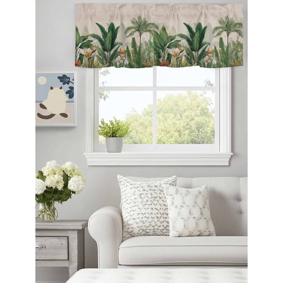 Curtain Valance for Windows, Summer Tropical Garden Kitchen Valances Rod Pocket Short Curtains, Green Plants on Retro Linen Window Valance for Bedroom Bathroom Living room 60x14in