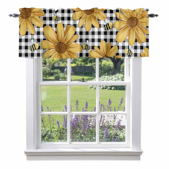 Curtain Valance for Windows, Summer Yellow Daisy Flower Bee Kitchen Valances Rod Pocket Short Curtains, Rustic Black White Buffalo Check Window Valance for Bedroom Bathroom Living room 42x12in