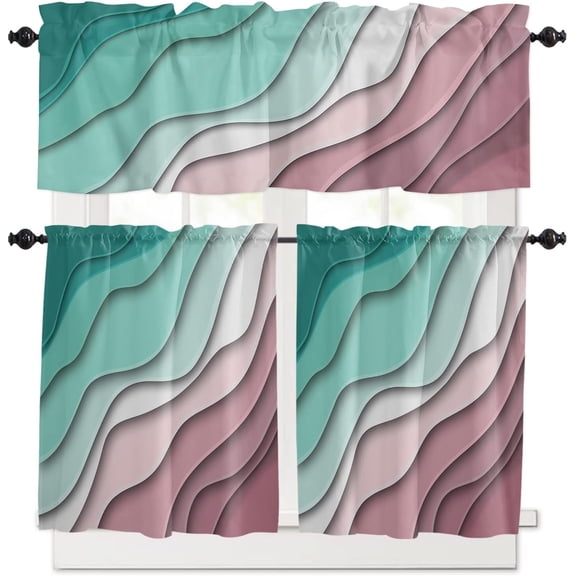 Curtain Valance for Windows Teal Blue Geometric Modern Aesthetic Rod Pocket Valance Window Treatments 1 Panel Brown Abstract Short Curtains for Kitchen Windows Bathroom Bedroom 54 x 18 inch