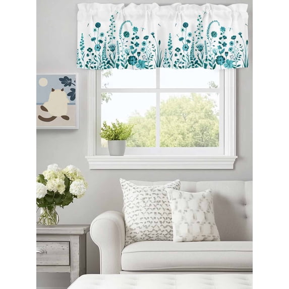 Curtain Valance for Windows, Teal Flower Leaves on White Kitchen Valances Rod Pocket Short Curtains, Watercolor Floral Art Dragonfly Window Valance for Bedroom Bathroom Living room 60x18in