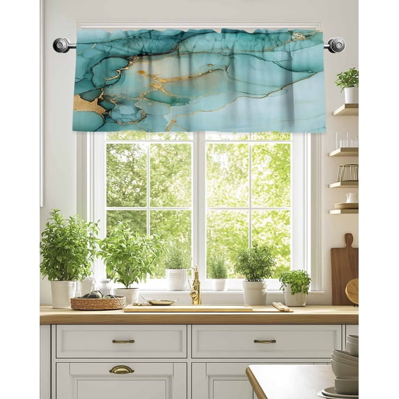 Curtain Valance for Windows,Teal Gradient Marble Gold Foil Kitchen Valances Rod Pocket Short Curtains,Abstract Ink Art Window Treatment Panel for Bedroom Bathroom 54"x18"