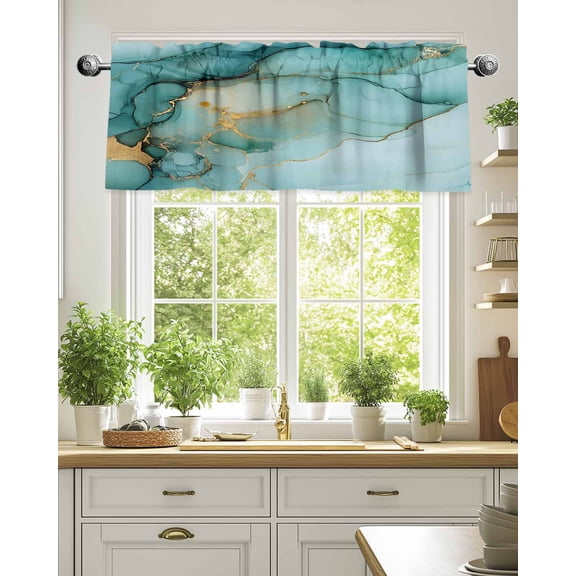 Curtain Valance for Windows,Teal Gradient Marble Gold Foil Kitchen Valances Rod Pocket Short Curtains,Abstract Ink Art Window Treatment Panel for Bedroom Bathroom 54"x18"