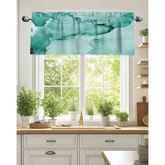 Curtain Valance for Windows,Teal Gradient Marble Kitchen Valances Rod Pocket Short Curtains,Abstract Wave Turquoise Window Treatment Panel for Bedroom Bathroom 54"x18"