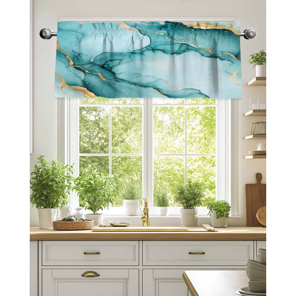 Curtain Valance for Windows,Teal Marble Gold Foil Kitchen Valances Rod Pocket Short Curtains,Gradient Ink Abstract Art Window Treatment Panel for Bedroom Bathroom 54"x18"