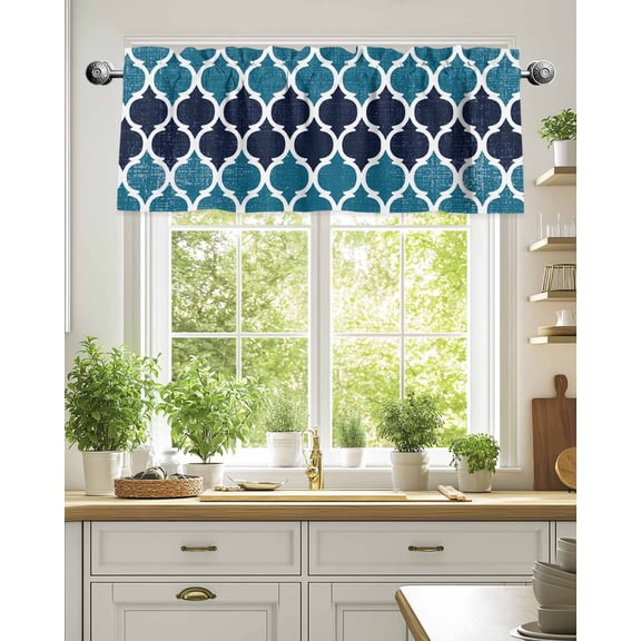 Curtain Valance for Windows,Teal Moroccan Pattern Buffalo Check Kitchen Valances Rod Pocket Short Curtains,Navy Blue Style Window Treatment Panel for Bedroom Bathroom 54"x18"